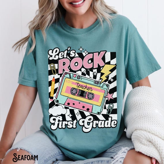 First Grade Teacher Shirt, 1st Grade T-Shirt, Comfort Colors, Checker Retro Tee, Back To School, Cassette Tape, Let's Rock, Gift for Teacher