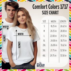 Pu&ograve; includere: Tabella delle taglie per t-shirt Comfort Colors 1717, con misure in pollici. La tabella include le taglie dalla S alla 4XL, con dimensioni di larghezza e lunghezza. L'immagine presenta un uomo e una donna con magliette bianche.