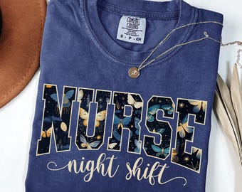 Comfort Colors, Night Shift Nurse T-Shirt, Varsity RN Tee, LPN, CNA, Boho Vintage Moths, Nursing, Nurses Apparel