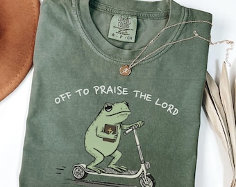 Camiseta cristiana Comfort Colors, unisex, teñida en prenda, divertida rana que sale a alabar al Señor, camiseta de estudio bíblico, humor de fe en la iglesia de Jesús.