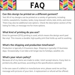 Puede incluir: Una imagen con la palabra "FAQ" en negro sobre fondo blanco. El texto explica los m&eacute;todos de impresi&oacute;n, las opciones de prendas y las pol&iacute;ticas de devoluci&oacute;n. Patrones geom&eacute;tricos coloridos enmarcan la parte superior.
