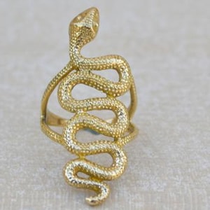 Könnte beinhalten: Ein goldfarbener Ring in Form einer Schlange. Die Schlange windet sich um den Finger, der Kopf ist erhoben. Der Ring hat eine strukturierte Oberfläche, und die Schuppen der Schlange sind sichtbar. Ein einzigartiges Schmuckstück.