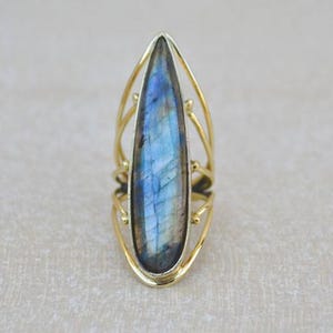 Large Labradorite Ring, Gold Brass Ring, Dainty Ring, Labradorite Gemstone Ring, Big Teardrop Stone Ring, Gift For Mom