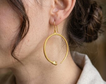 Gold Snake Hoop Earrings, Textured Serpent Earrings for Women, Boho Statement Cobra Hoops, Ouroboros Artisaold  Gift for Hern Gift for Her
