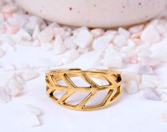 Botanical Gold Leaf Cut-Out Ring, Adjustable Brass Statement Band, Nature Inspired Jewelry
