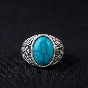 Men's Oval Turquoise Ring, Southwest Sterling Silver Chevron Band, Geometric Boho Statement Ring, Western Cowboy Jewelry, Gift for Him