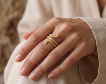 Gold Snake Wrap Ring, Textured Serpent Spiral Ring for Women, Boho Cobra Bypass Band, Ouroboros Animal Jewelry, Gift for Her