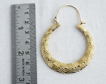 Gold Diamond Pattern Hoop Earrings, Embossed Brass Tribal Hoops for Women, Boho Statement Geometric Dangles, Artisan Gift for Her