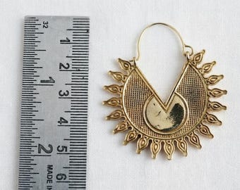 Gold Sunburst Hoop Earrings, Brass Rising Sun Dangles for Women, Boho Statement Fan Earrings, Ray Geometric Jewelry, Gift for Her