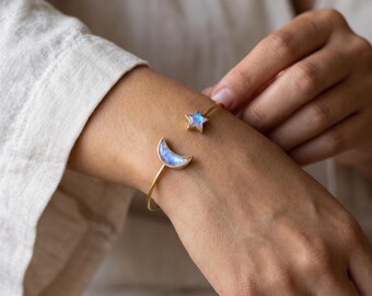 Gold Moonstone Arm Cuff, Crescent Moon Star Upper Arm Bracelet for Women, Celestial Open Bangle, Boho Astrological Jewelry