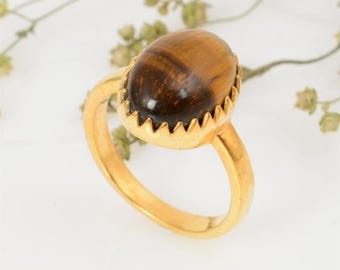 Natural tiger's eye ring, 925 Sterling silver Oval shape gemstone , statement ring