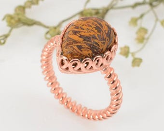 Handmade Jasper Teardrop Brown Gemstone Ring, Spiral Wire Wrapped Rose Gold Band, Boho Earthy Jewelry Statement Gift for Mom Sister