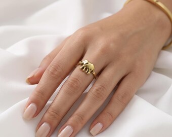 Gold Elephant Ring, Dainty Good Luck Animal Ring for Women, Trunk Up Lucky Statement Band, Boho Birthday Gift for Her, Minimalist Jewelry