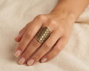 Brass Long Shield Ring, Filigree Flower of Life Statement Ring for Women, Boho Full Finger Armor Ring, Sacred Geometry Gift for Her