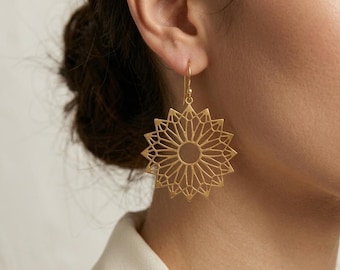 Gold Mandala Drop Earrings, Sacred Geometry Flower Dangle Earrings for Women, Boho Sunburst Statement Hoops, Birthday Gift for Her, Brass