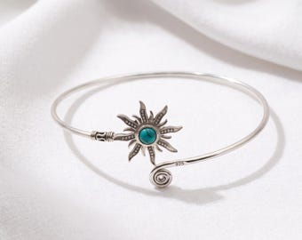 925 Silver Sun Burst Arm Cuff, Turquoise Style Stone Open Bangle, Celestial Sunshine Boho Bracelet for Women, Tribal Jewelry Gift for Her