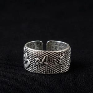 Anillo Pixiu Feng Shui de plata, banda ajustable con escritura budista, anillo de protección para la buena suerte, joyería tótem espiritual, regalo místico para mamá.