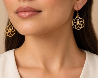 Gold Seed of Life Earrings, Sacred Geometry Flower Dangles for Women, Boho Openwork Mandala Earrings, Spiritual Gift for Her