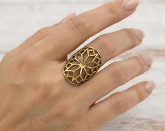 Brass Geometric Shield Ring, Oval Filigree Mandala Statement Ring for Women, Boho Openwork Wide Band, Artisan Gift for Her
