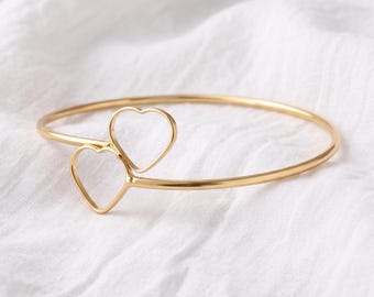 Gold Heart Arm Cuff, Double Open Heart Upper Arm Bracelet for Women, Minimalist Wire Bangle, Romantic Boho Jewelry, Gift for Her