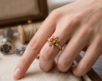 Carnelian Sunburst Ring, Gold Sun Ray Ring for Women, Boho Celestial Amber Cabochon Ring, Solar Statement Jewelry, Gift for Her