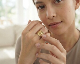 Wide Gold Cigar Band Ring, Textured Chunky Statement Ring for Women, Thick Engraved Band, Boho Birthday Gift for Her, Modern Artisan Jewelry