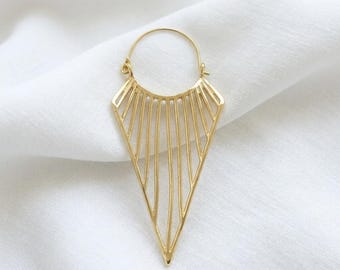 Gold Chevron Geometric Earrings, Sunburst Triangle Dangle Hoops for Women, Boho Modern Statement Drop, Chic Birthday Gift for Her, Brass