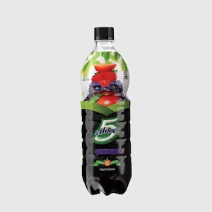 May include: A clear plastic bottle of "alive 5" Berry Blast fruit drink. The label features an illustration of strawberries, blueberries, and other fruits. The bottle has a black cap and a dark, textured lower section.