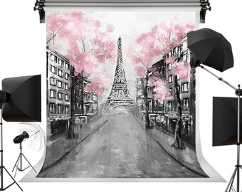 European City Oil Painting Pink Flowers Backdrops Paris Eiffel Tower Building Photography Backgrounds for Wedding Photo Booth Props