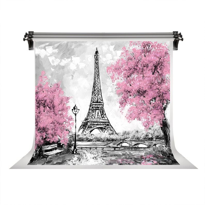 European City Oil Painting Pink Flowers Backdrops Paris Eiffel Tower Building Photography Backgrounds for Wedding Photo Booth Props