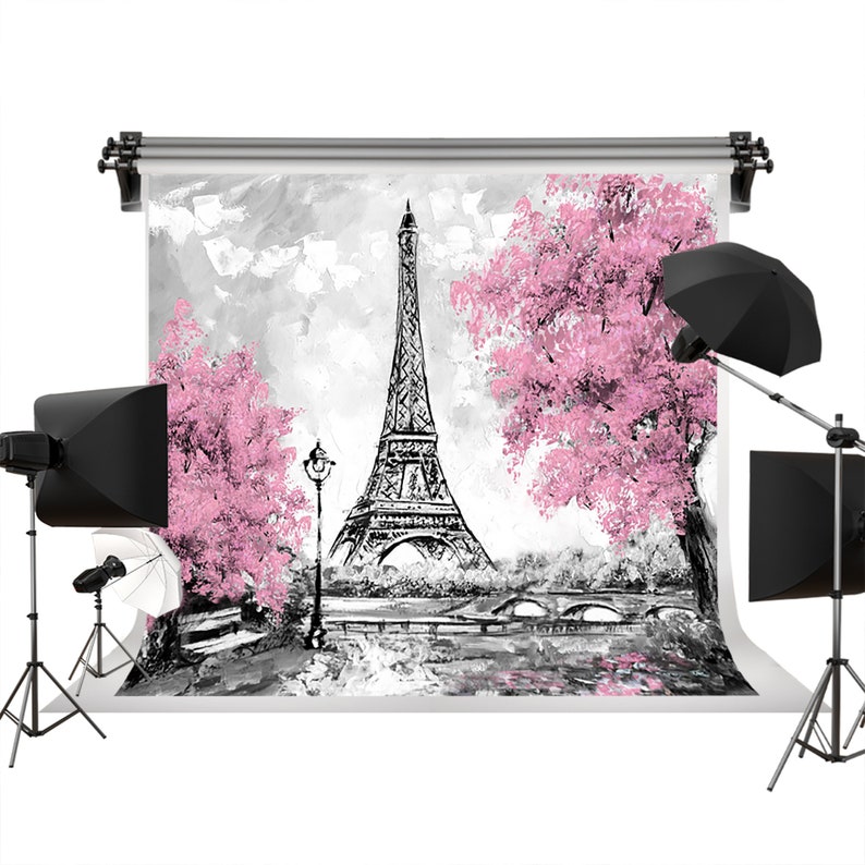 European City Oil Painting Pink Flowers Backdrops Paris Eiffel Tower Building Photography Backgrounds for Wedding Photo Booth Props