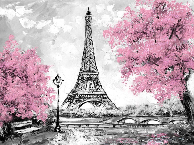 European City Oil Painting Pink Flowers Backdrops Paris Eiffel Tower Building Photography Backgrounds for Wedding Photo Booth Props