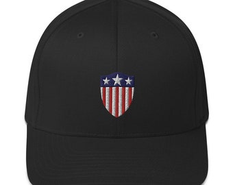 Old Glory American Defender Crest USA Flag Shield Stars & Stripes Embroidered Flexfit 6277 Closed-Back Structured Twill Hat Cap