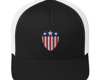 Old Glory American Defender Crest USA Flag Shield Stars & Stripes Embroidered Retro Mesh Trucker Hat Cap