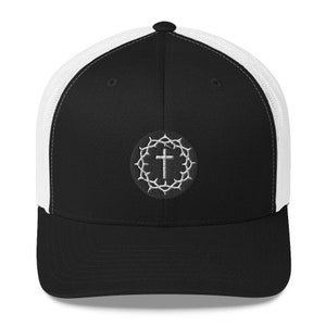 Thorn Crown Cross of Jesus Christ Embroidered Patch-Style Adjustable Classic Trucker Cap | Christian Faith Apparel Mesh Trucker Hat