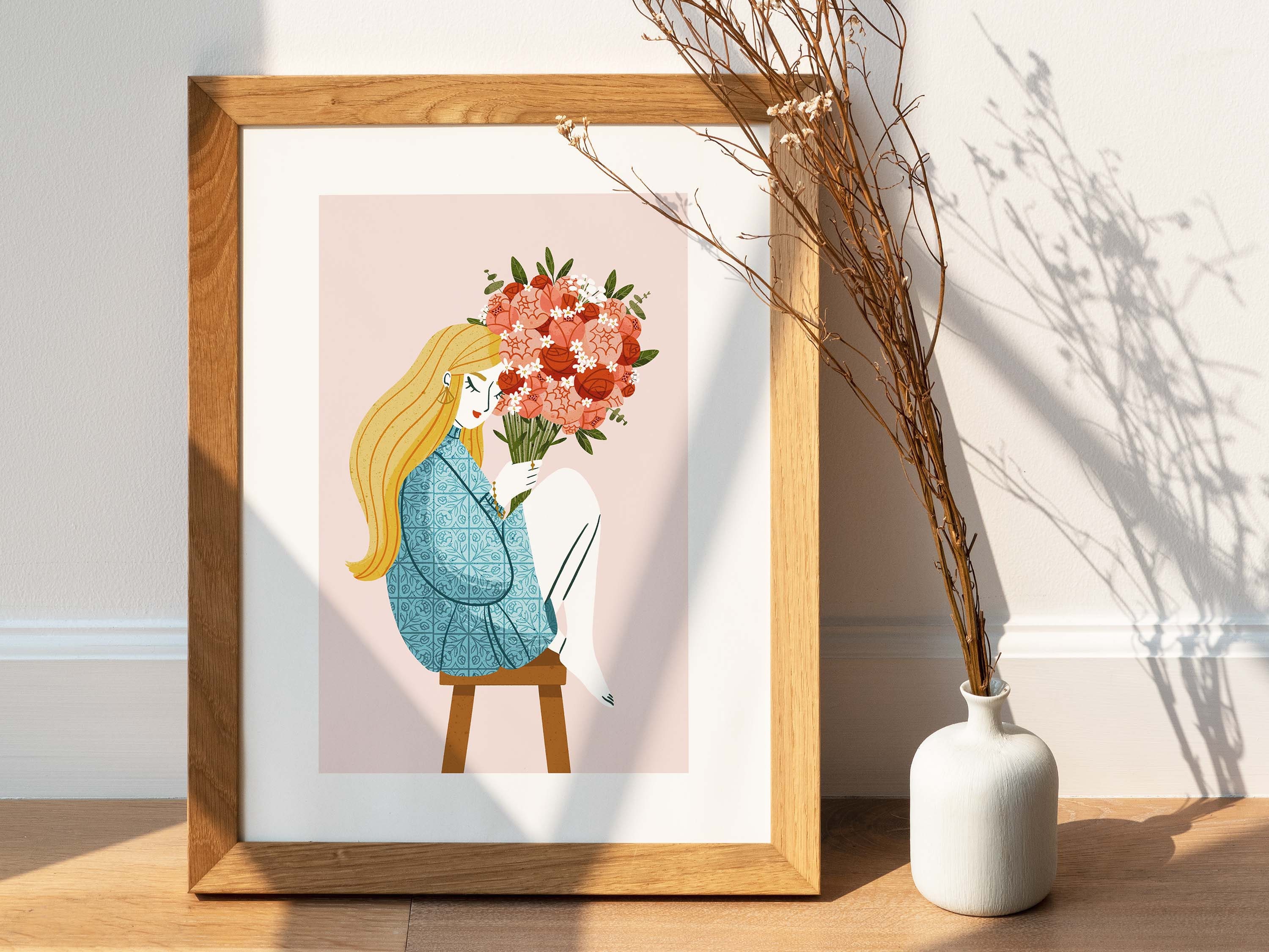 Affiche Illustration Femme Bouquet de Fleurs