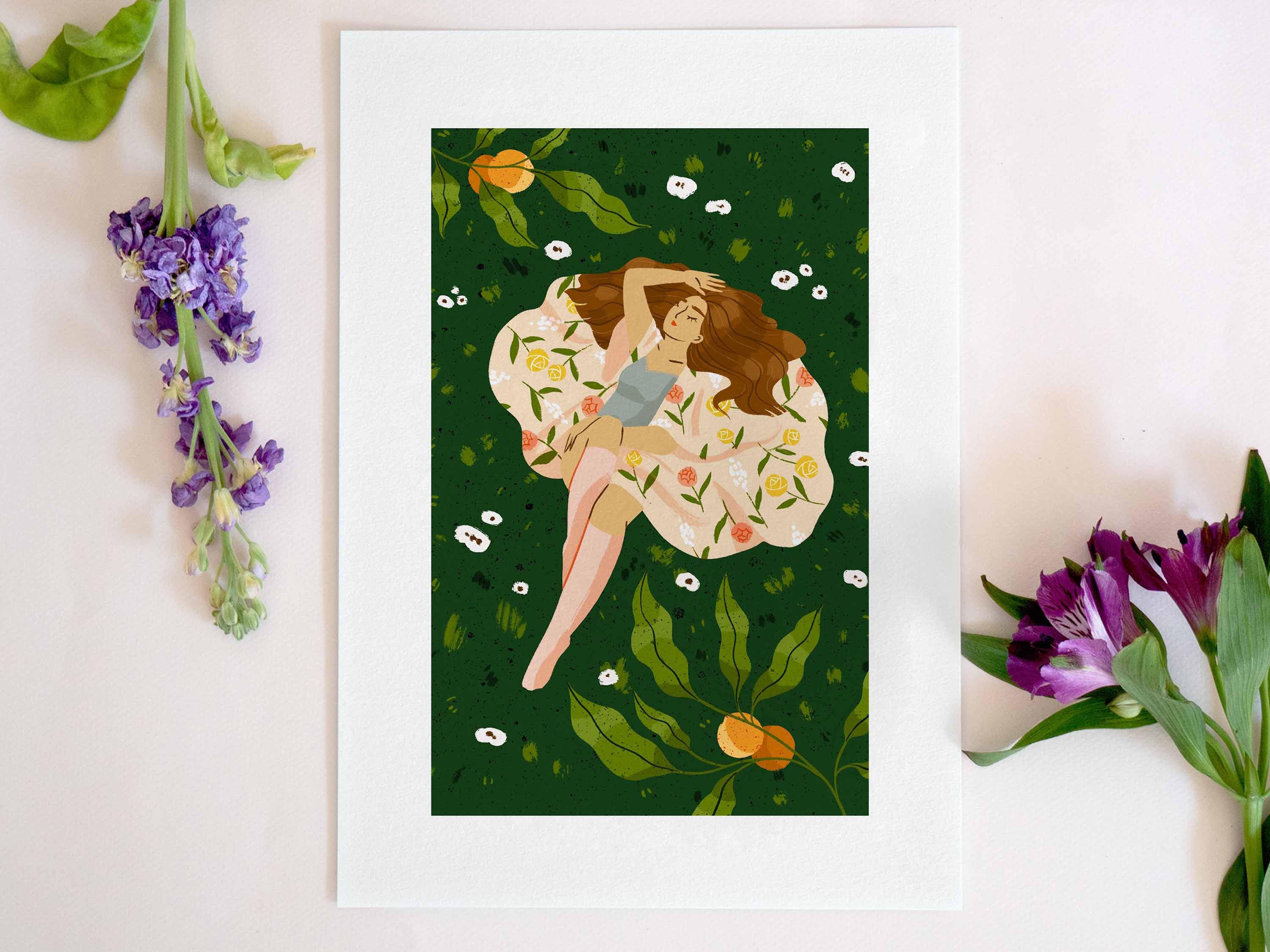 Affiche Illustration Fille Champs Fleurs Botanique