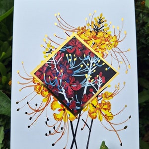 Gilded &#39;Ohai Ali&#39;i Illustration Print, 5x7 Inch Gilded Print, Yellow &#39;Ohai Ali&#39;i, Negative Colored Flowers