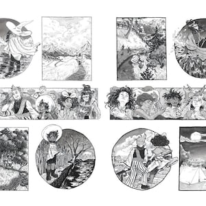 Puede incluir: Una colección de ilustraciones en tinta blanca y negra que presentan varias escenas con personajes con sombreros, paisajes, bosques y entornos de acampada. Las obras incluyen paneles circulares y rectangulares que representan diversas figuras en movimiento, descansando y explorando entornos naturales.
