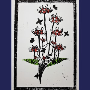 Departure: 5.1875 x 8.25 Hand-Colored Woodcut Print, Crow Skull and Spider Lilies