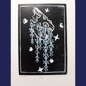 Oblivion: 5.875 x 8.25 Woodcut Print, Turtle Skull and Wisteria