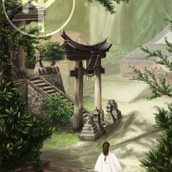 At Tamaki Shrine: 6x8 inch Digital Print, Japanese Shrine Illustration, Shrine Maiden Miko Art