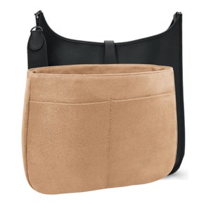 May include: A black leather shoulder bag with a matching strap and a tan suede bag organizer insert. The insert has multiple pockets for organization. The bag is set against a white background.