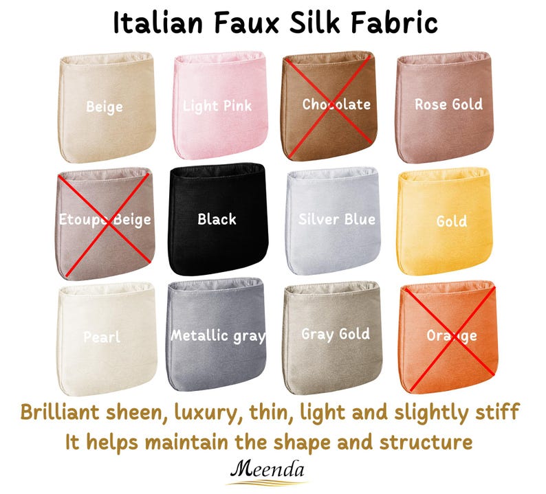 Puede incluir: Imagen de muestras de tela de seda sint&eacute;tica italiana en varios colores, como beige, rosa claro, negro, azul plateado, dorado, perla y gris met&aacute;lico. El texto dice "Italian Faux Silk Fabric" y destaca el brillo y la estructura de la tela.