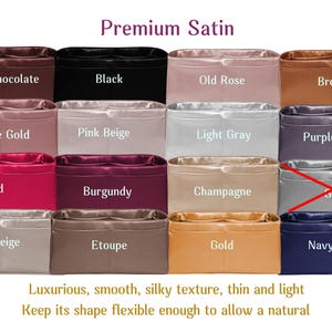 Puede incluir: Organizadores de bolsos de sat&eacute;n en varios colores: chocolate oscuro, negro, rosa antiguo, marr&oacute;n, oro rosa, beige rosado, gris claro, gris p&uacute;rpura, rojo, borgo&ntilde;a, champ&aacute;n, beige gris&aacute;ceo, etoupe, dorado y azul marino. El texto "Premium Satin" est&aacute; en la parte superior.