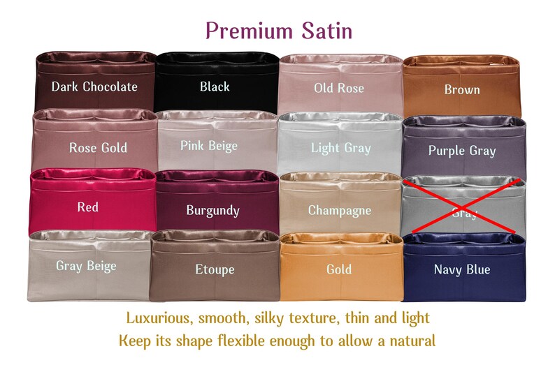 Puede incluir: Organizadores de bolsos de sat&eacute;n en varios colores: chocolate oscuro, negro, rosa antiguo, marr&oacute;n, oro rosa, beige rosado, gris claro, gris p&uacute;rpura, rojo, borgo&ntilde;a, champ&aacute;n, beige gris&aacute;ceo, etoupe, dorado y azul marino. El texto "Premium Satin" est&aacute; en la parte superior.
