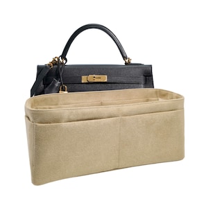 Kelly 32 Sellier Purse Organizer: Light Beige Faux Suede, Multi-Pocket Insert