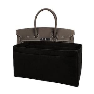 Puede incluir: Organizador de bolso de fieltro negro con múltiples compartimentos para un bolso de mano. El organizador tiene una forma rectangular y está diseñado para caber dentro de un bolso más grande.