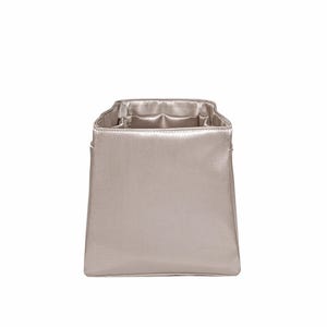 Puede incluir: Una bolsa rectangular plateada met&aacute;lica con interior de sat&eacute;n. La bolsa tiene una forma estructurada con una abertura ligeramente ensanchada. El interior es de un tono plateado m&aacute;s claro, creando un contraste. La bolsa probablemente est&aacute; dise&ntilde;ada para guardar o transportar objetos peque&ntilde;os.