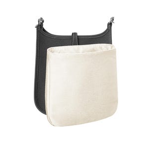 May include: A black leather bag with a white fabric liner. The bag has a flap closure and a shoulder strap.